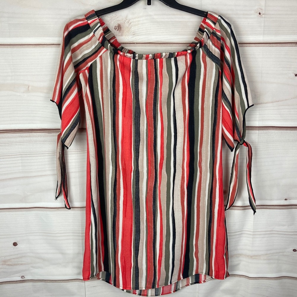 Bar III Dress Womens M Multicolor Off The Shoulder Striped Shift Tie 3/4 Sleeve